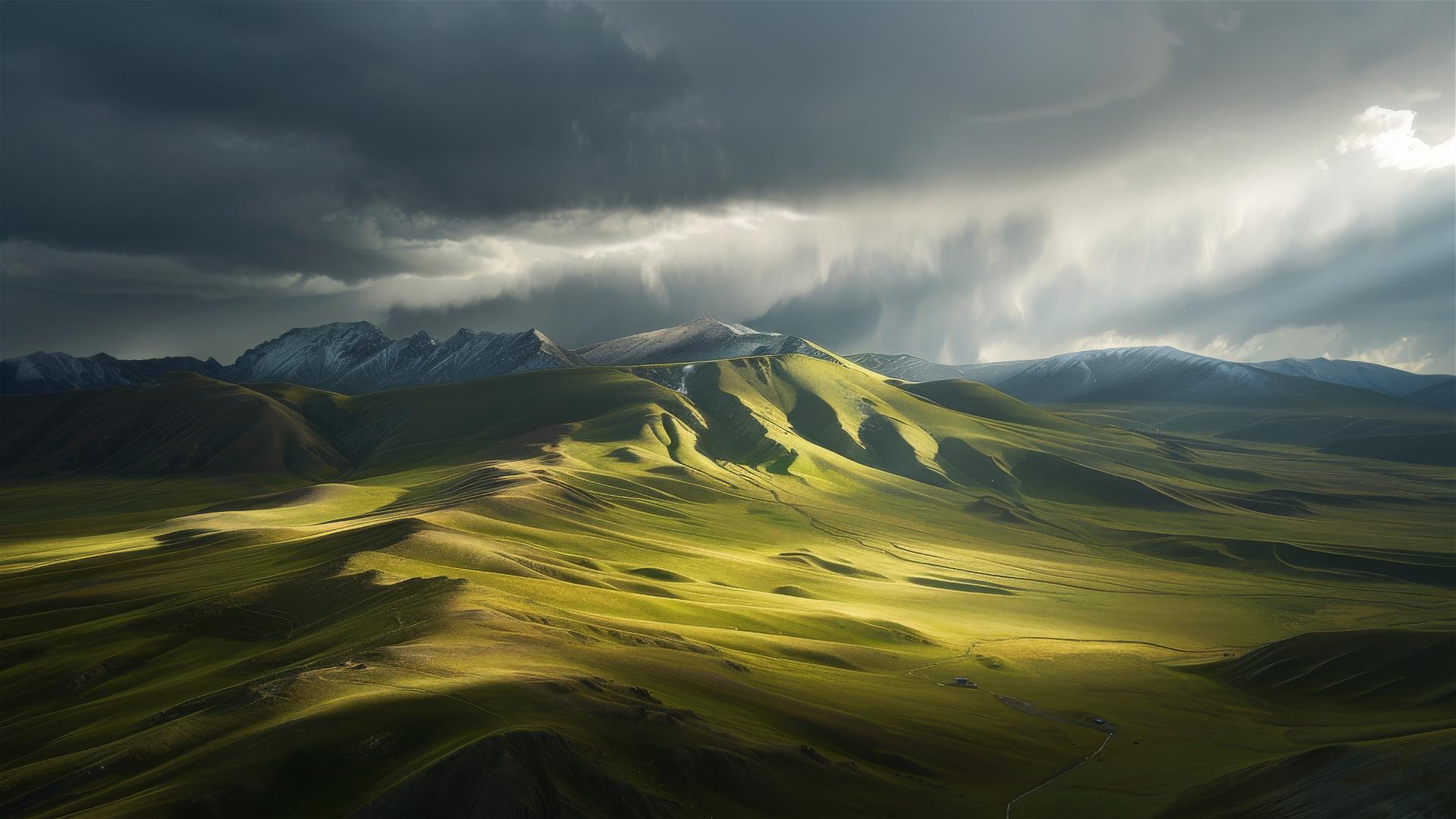 Aerial view of Tibet with contrasting light and shadows among clouds
