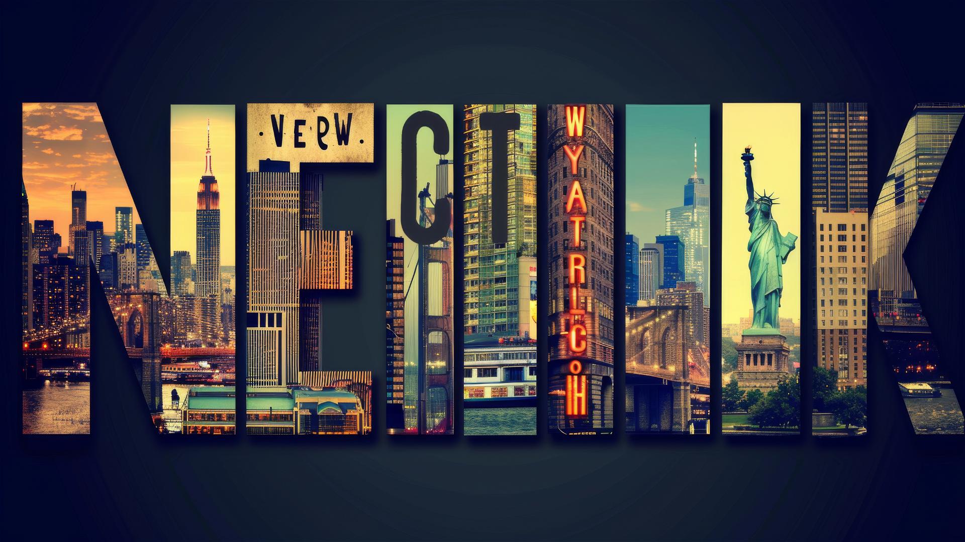Collage of NYC landmarks within 'NEW YORK CITY' letters