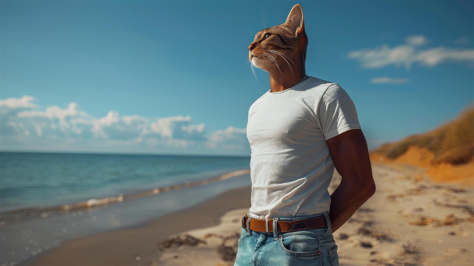 Anthropomorphic cat man in casual attire posing by the ocean.