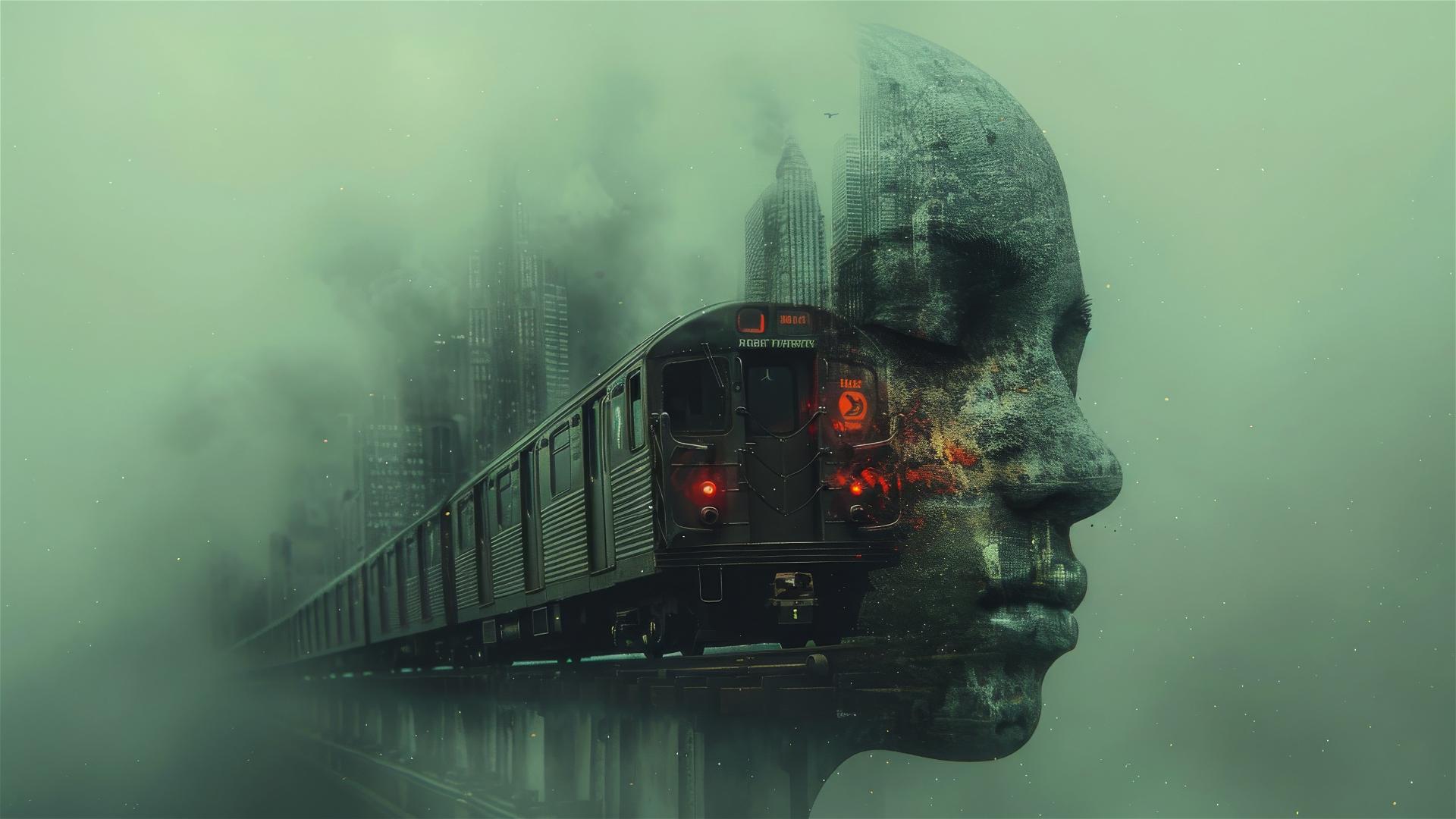 Surreal human head with train passing through, dark decayed backdrop.