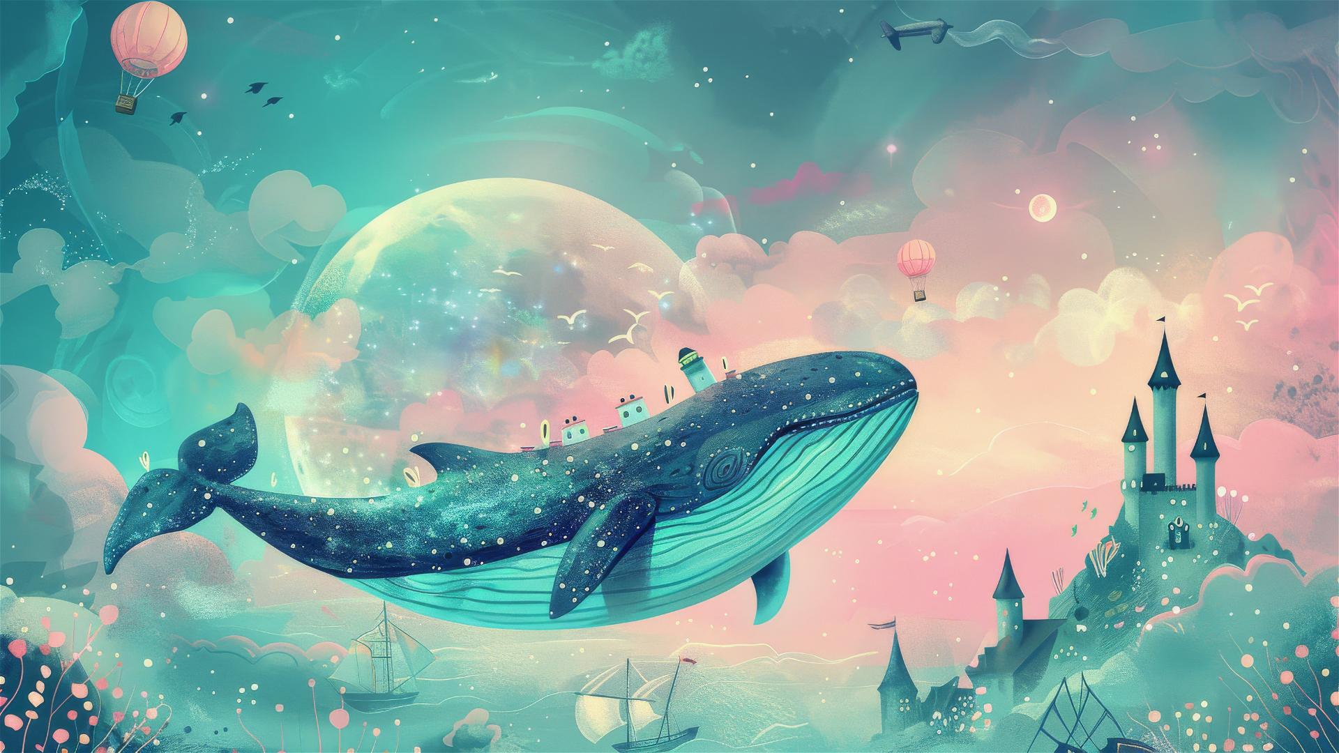 Fantasy scene with whale castle, pastel sky, moon, sun, balloons, and planes.