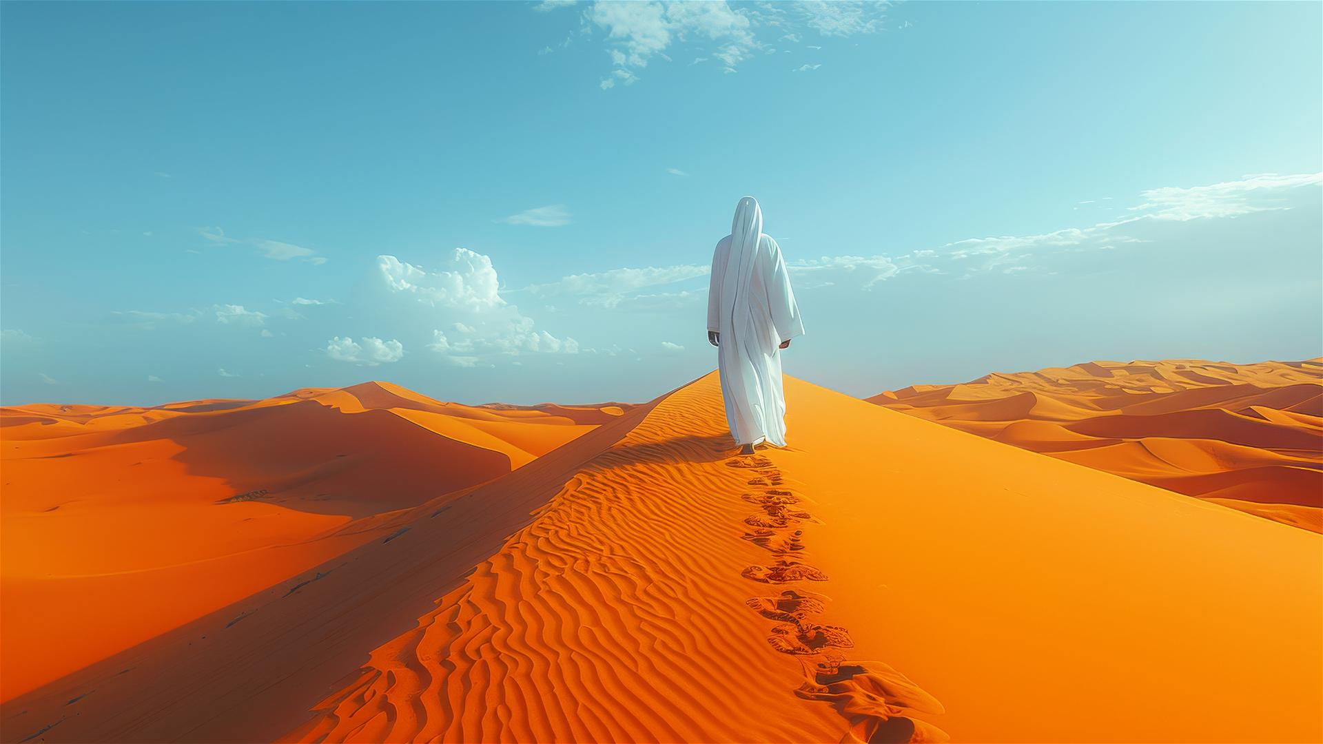 Lonely figure in white robe walking on sand dune in futuristic desert