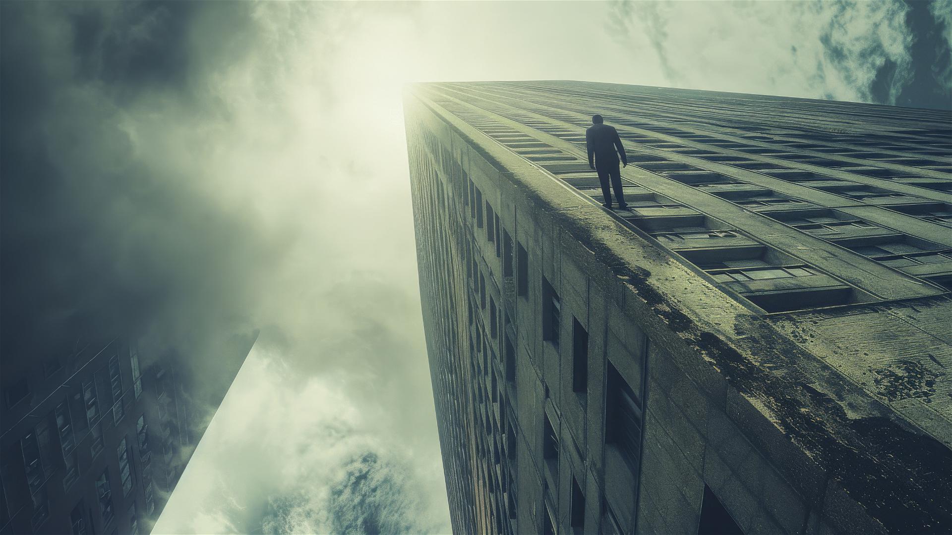 Vast brutalist concrete wall dwarfs man, with dramatic lighting and mist.