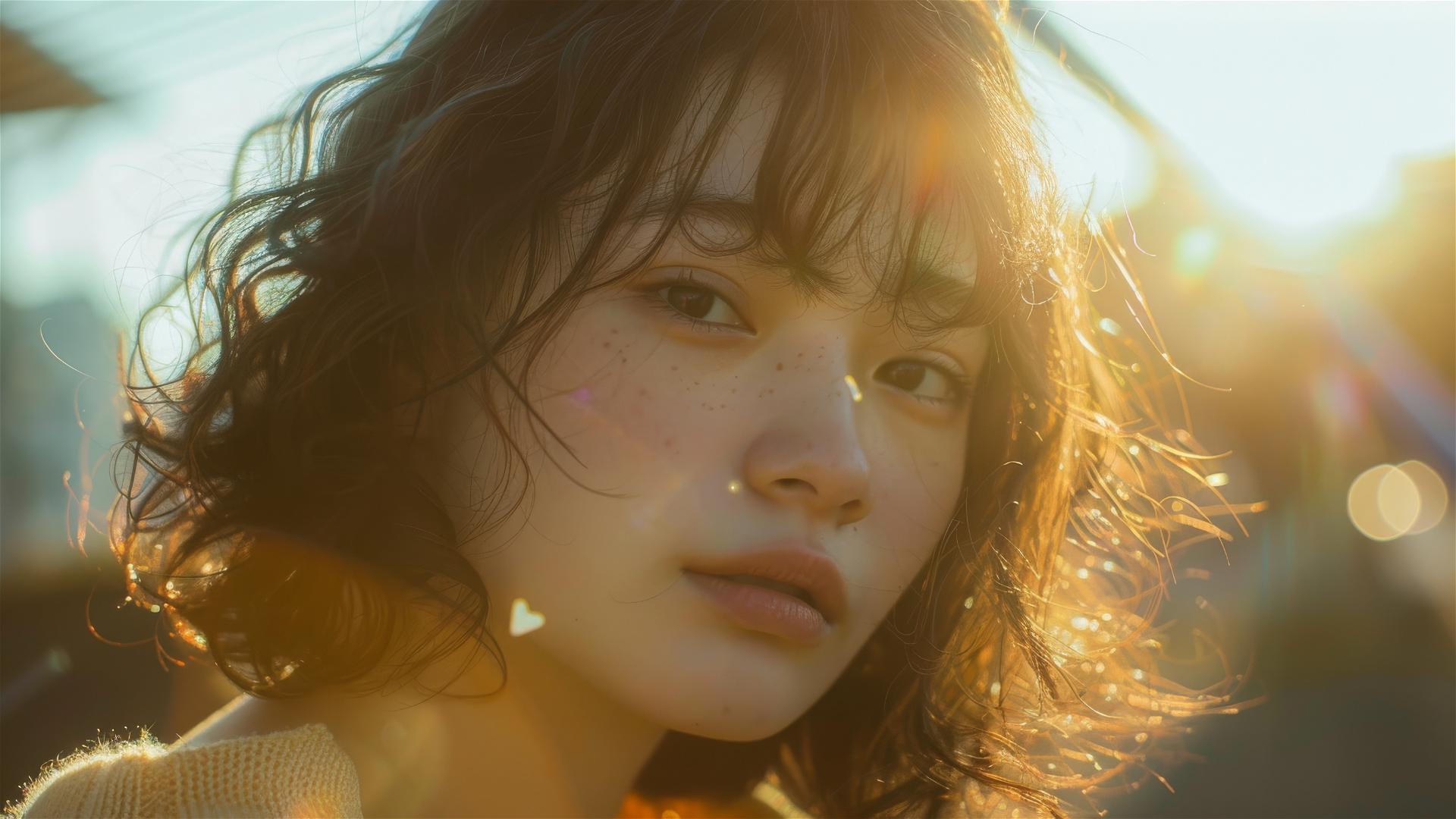 Fashionable 18-year-old Japanese teen with spin blur and lens flare.