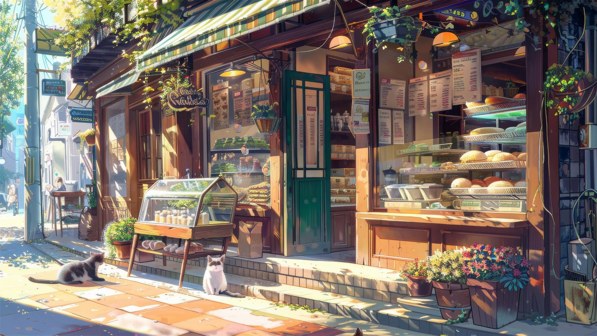 Studio Ghibli-style bakery with sunlight and cats.