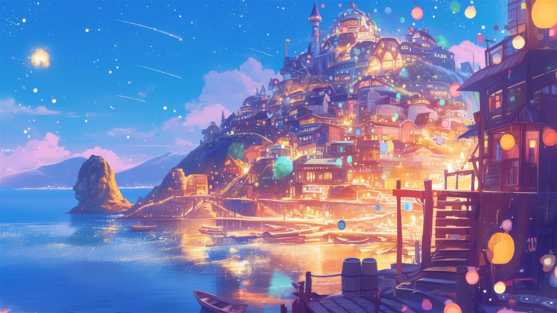 Colorful seaside town with magical glowing sea under stars, Ghibli style