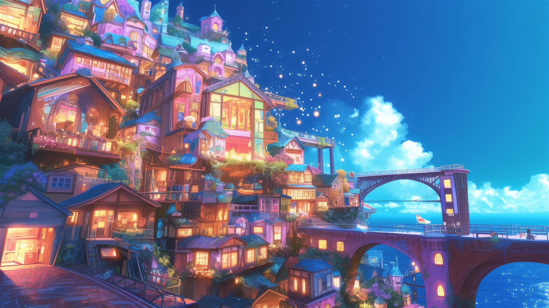 Colorful seaside town with glowing sea and stars, Ghibli style