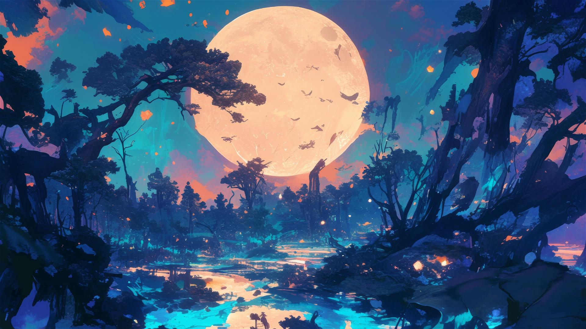 Ghibli-style nightscape with glowing moon and mystical forest creatures.