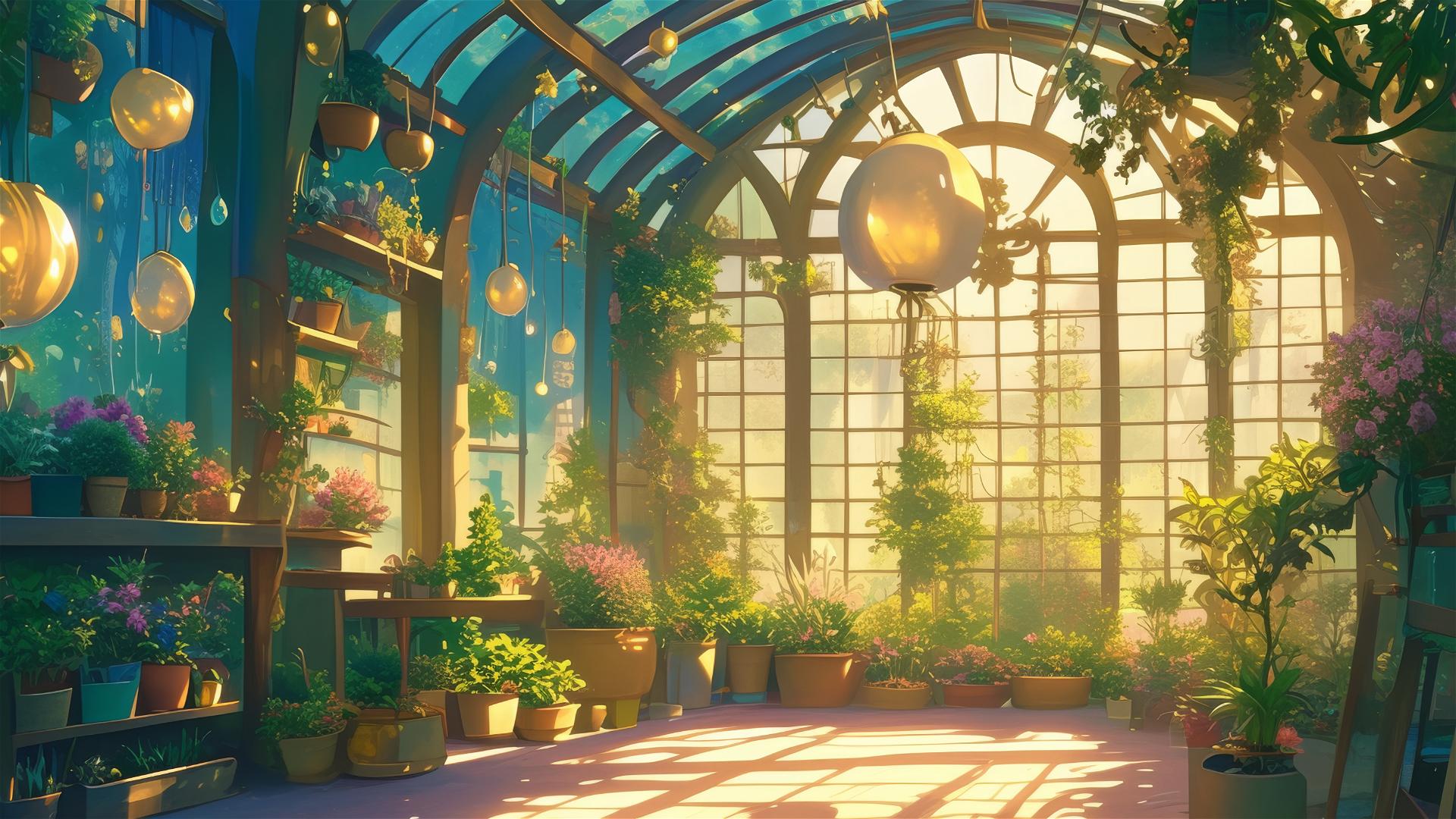 Ghibli-inspired greenhouse with glowing magical plants at twilight.