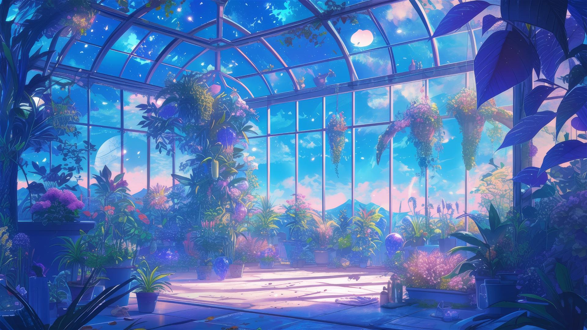 Ghibli-inspired greenhouse with glowing magical plants at twilight.