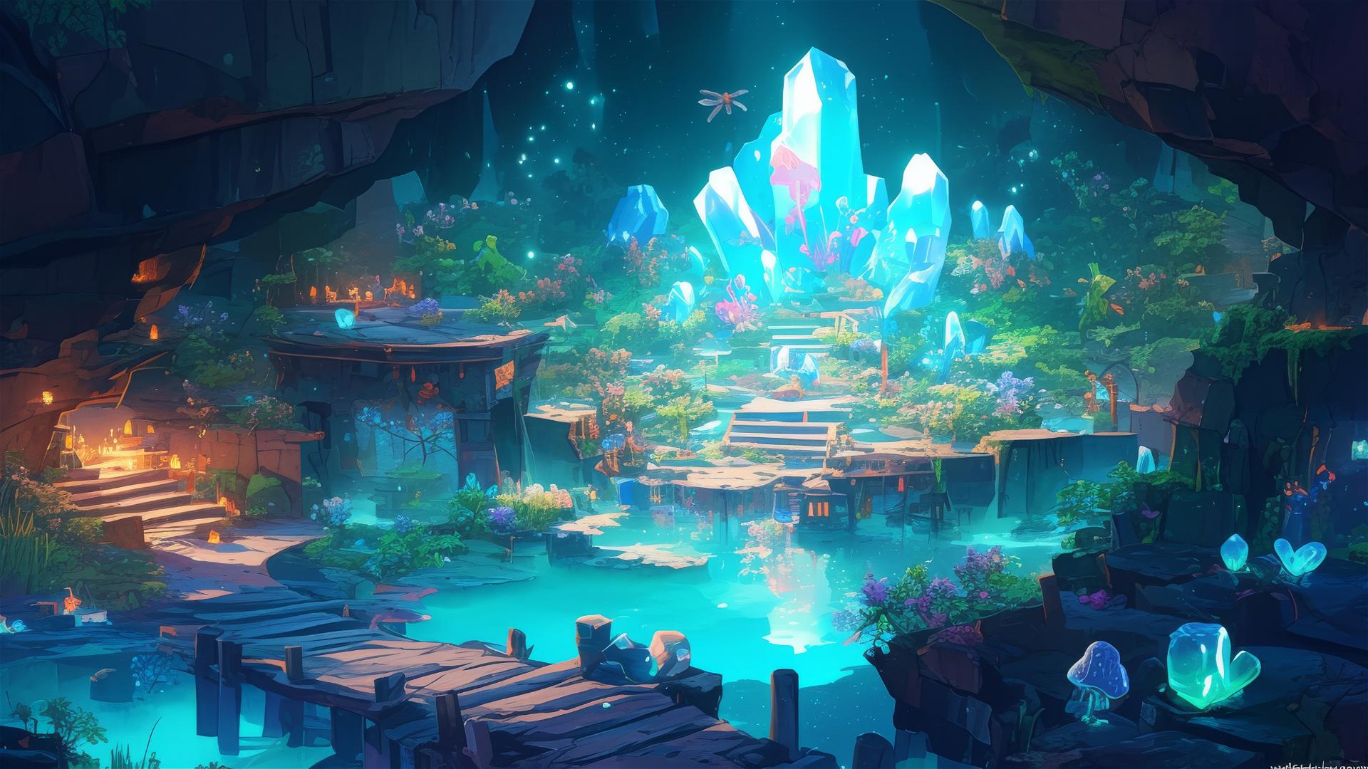 Ghibli-style cave with crystals and bioluminescent mushrooms.