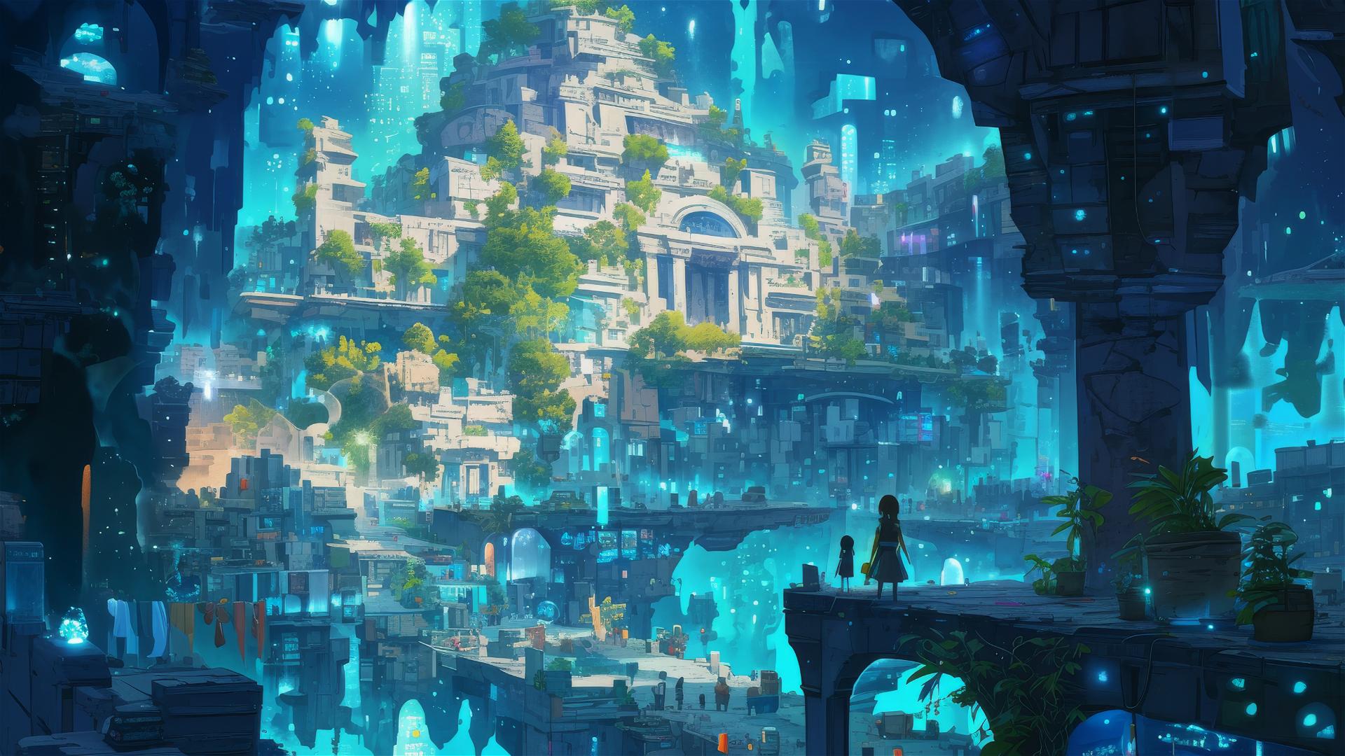 Anime quest in a bioluminescent, spirit-filled Ghibli-style city.
