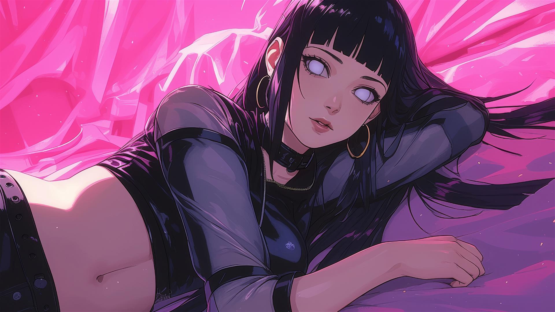 Hinata Hyuga lounging in neon-lit black and pink leather attire with gold earrings.