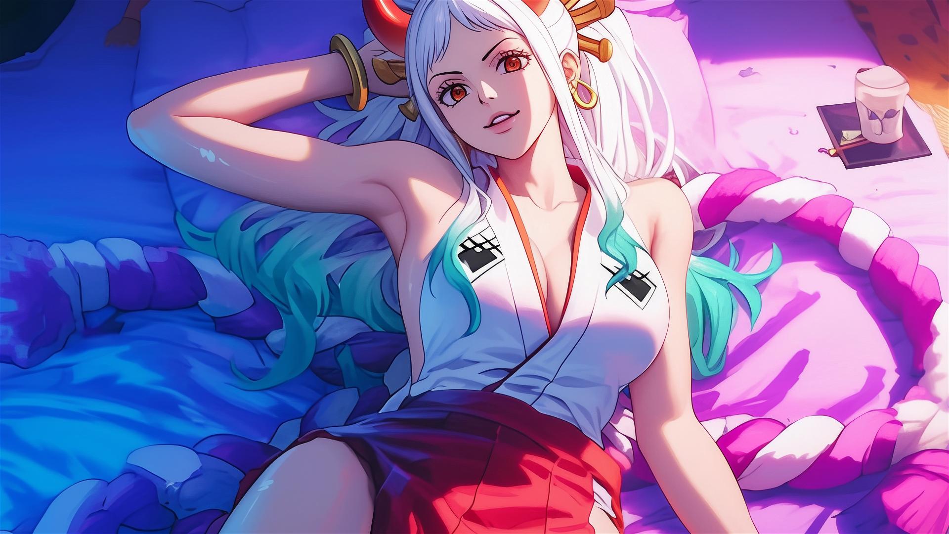Yamato from One Piece on bed under neon pink light, hair and legs highlighted.