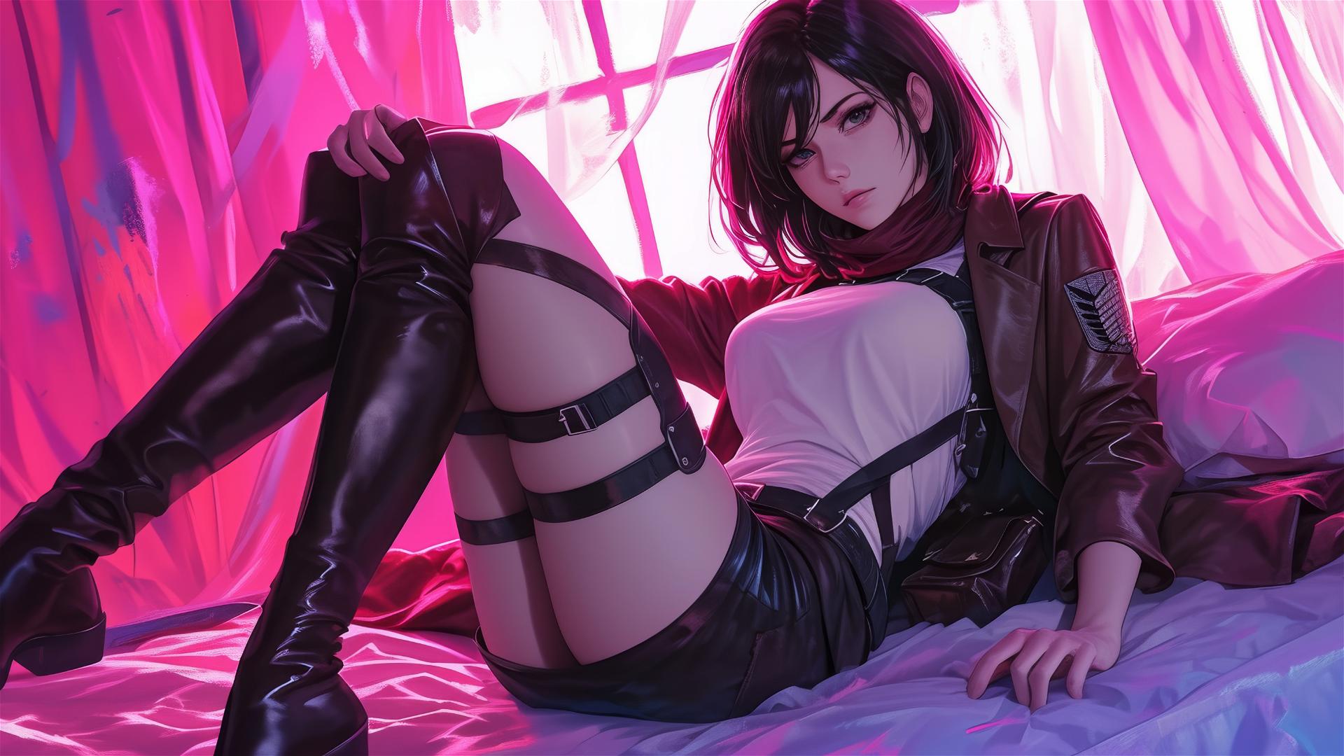 Mikasa Ackerman lounging in neon pink-lit attire, hyper-realistic anime style.