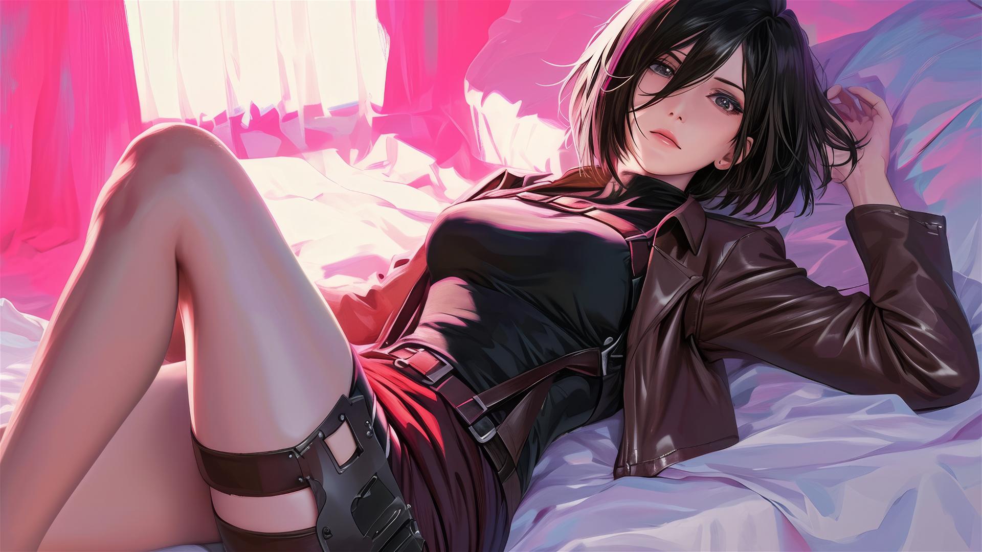 Mikasa Ackerman lounging in neon-lit attire, hyper-realistic anime style.