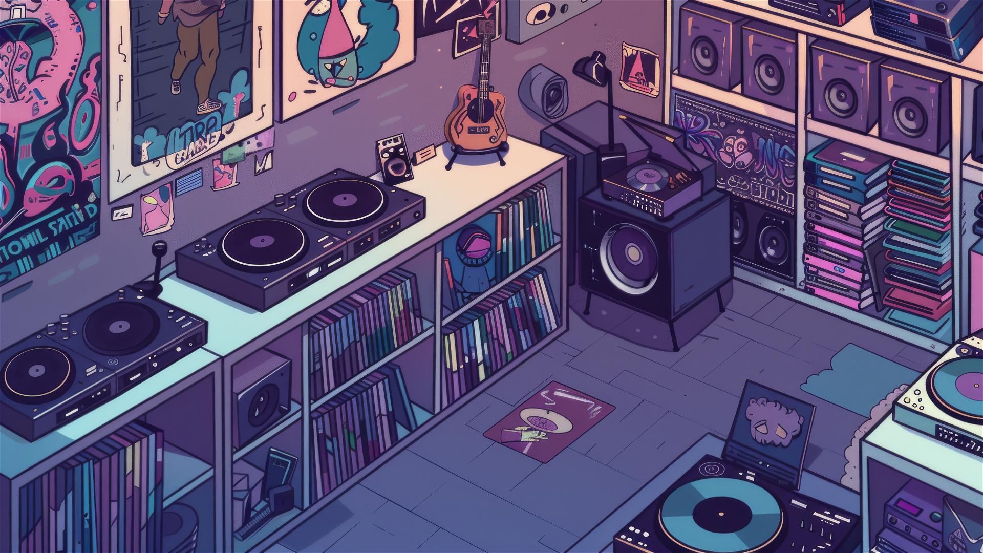 Isometric vinyl shop with Technics turntables and rave art in Hiroshi Nagai and Ghibli style.