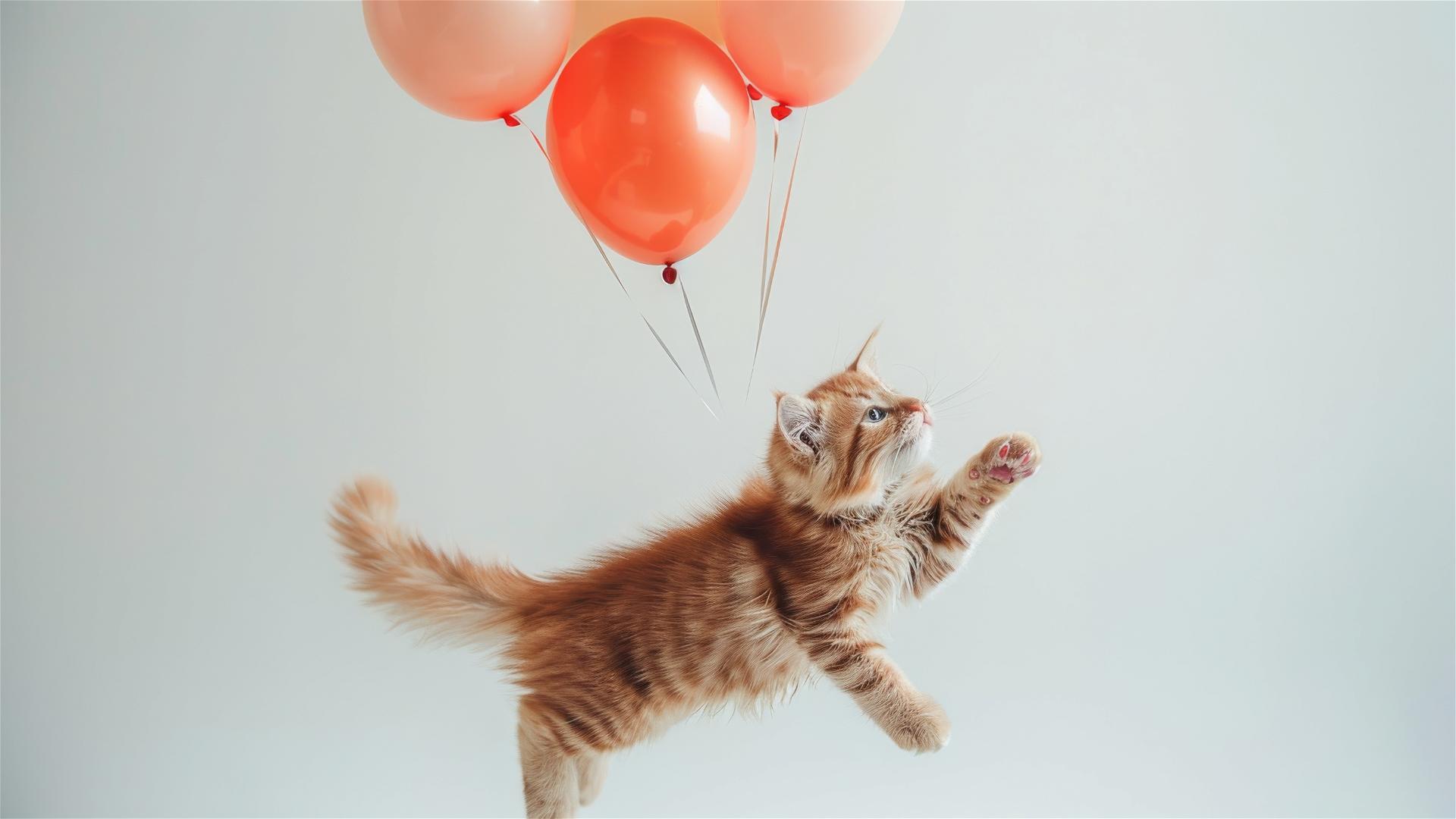 Cat flying with balloons on white background