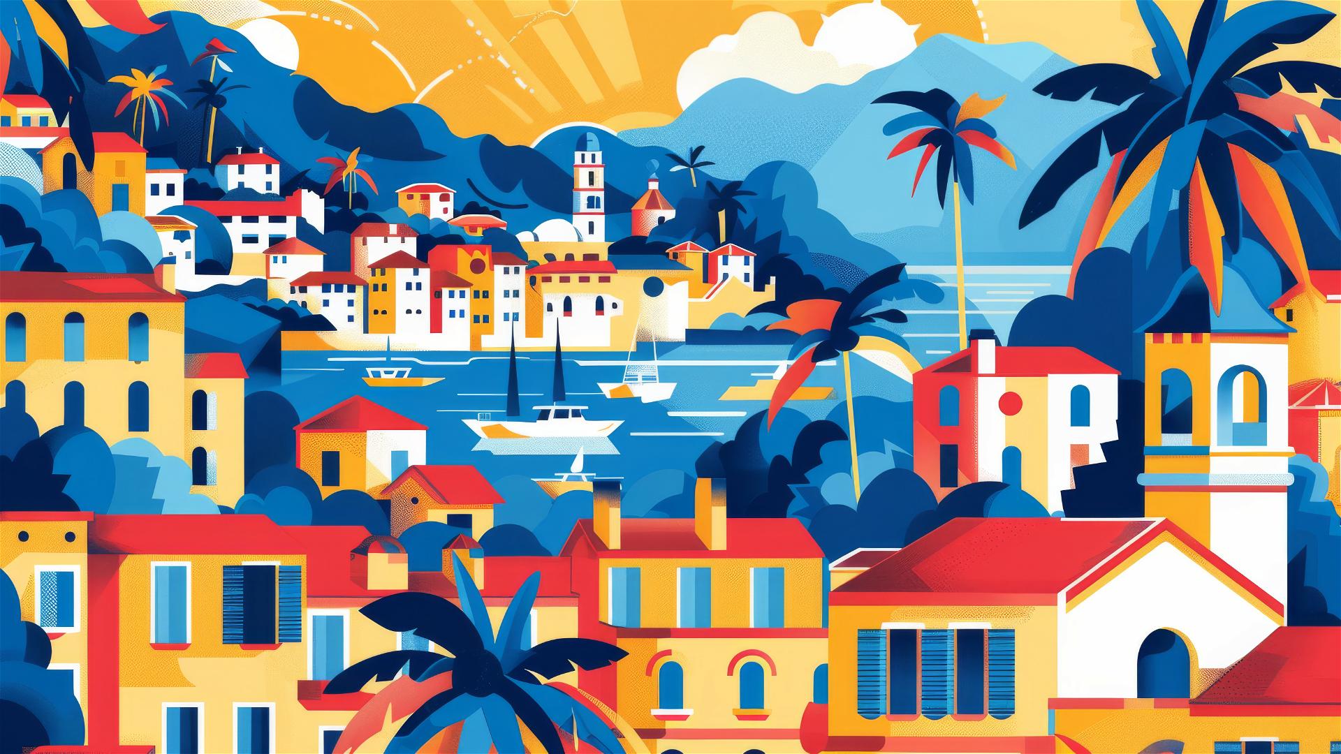 Vibrant Italian Riviera pattern with bold outlines and flat colors in icon style.