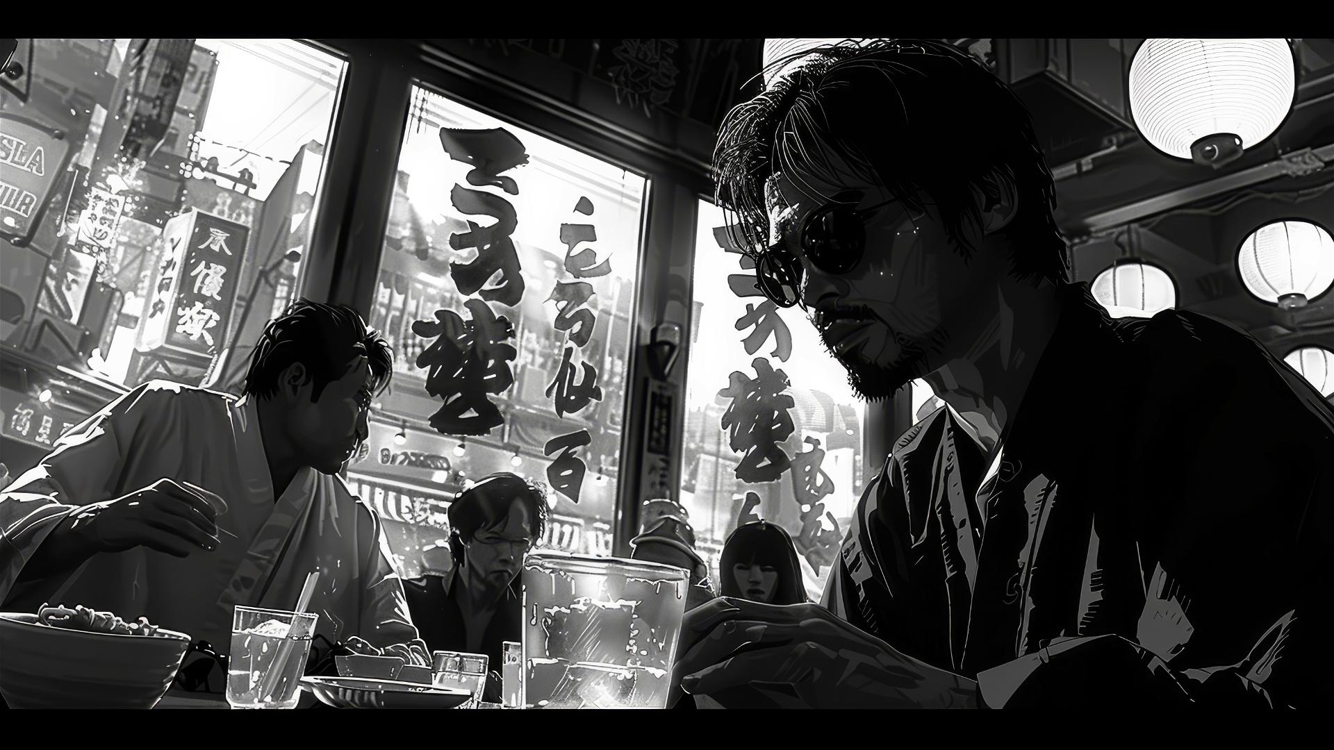 Black and white drawing of yakuza at a ramen restaurant.