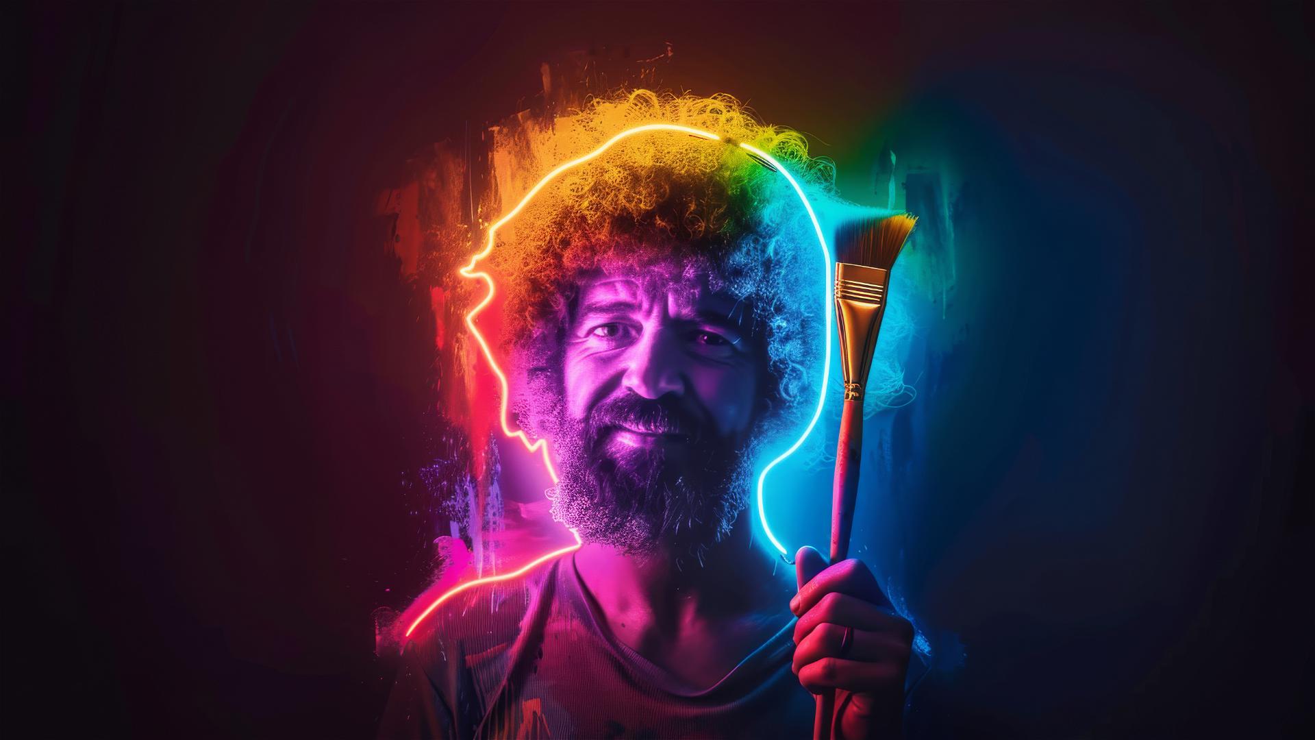 Neon sign of Bob Ross holding a paint brush in multiple colors.