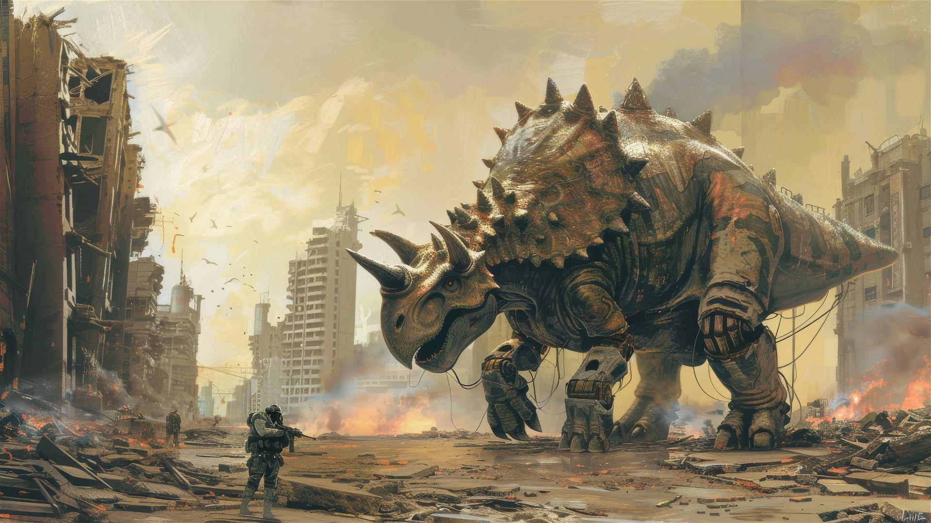 Triceratops and robots in war-damaged city ruins
