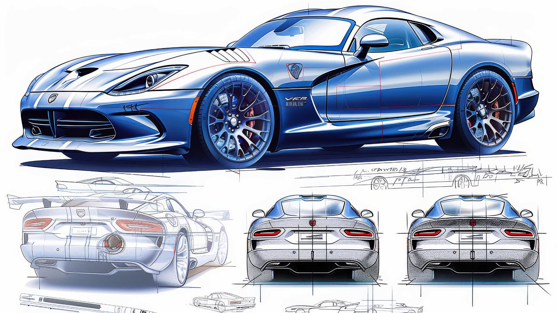 Black and white Dodge Viper blueprint and front view sketches