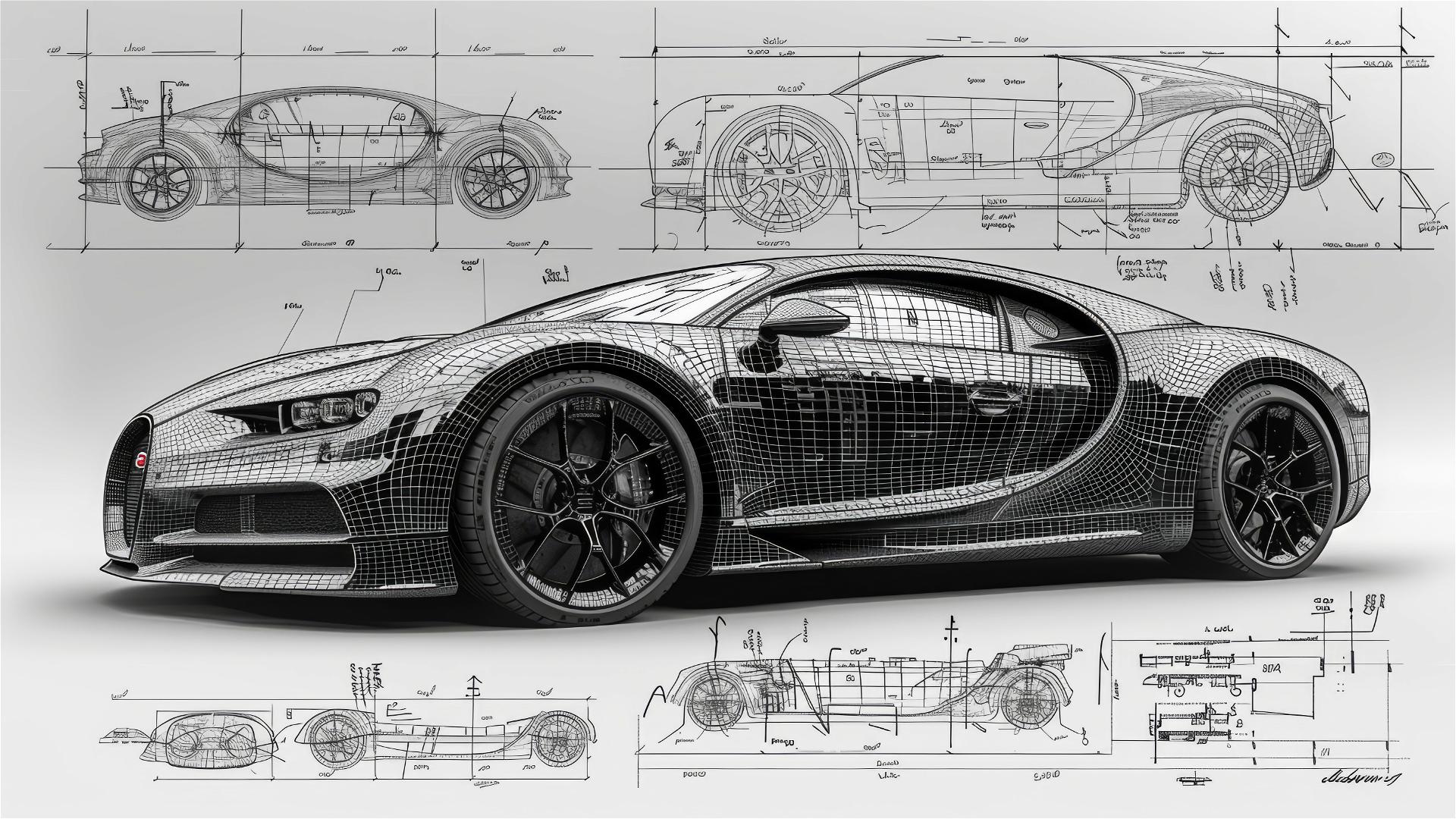 Black and white Bugatti Chiron blueprint and sketch.