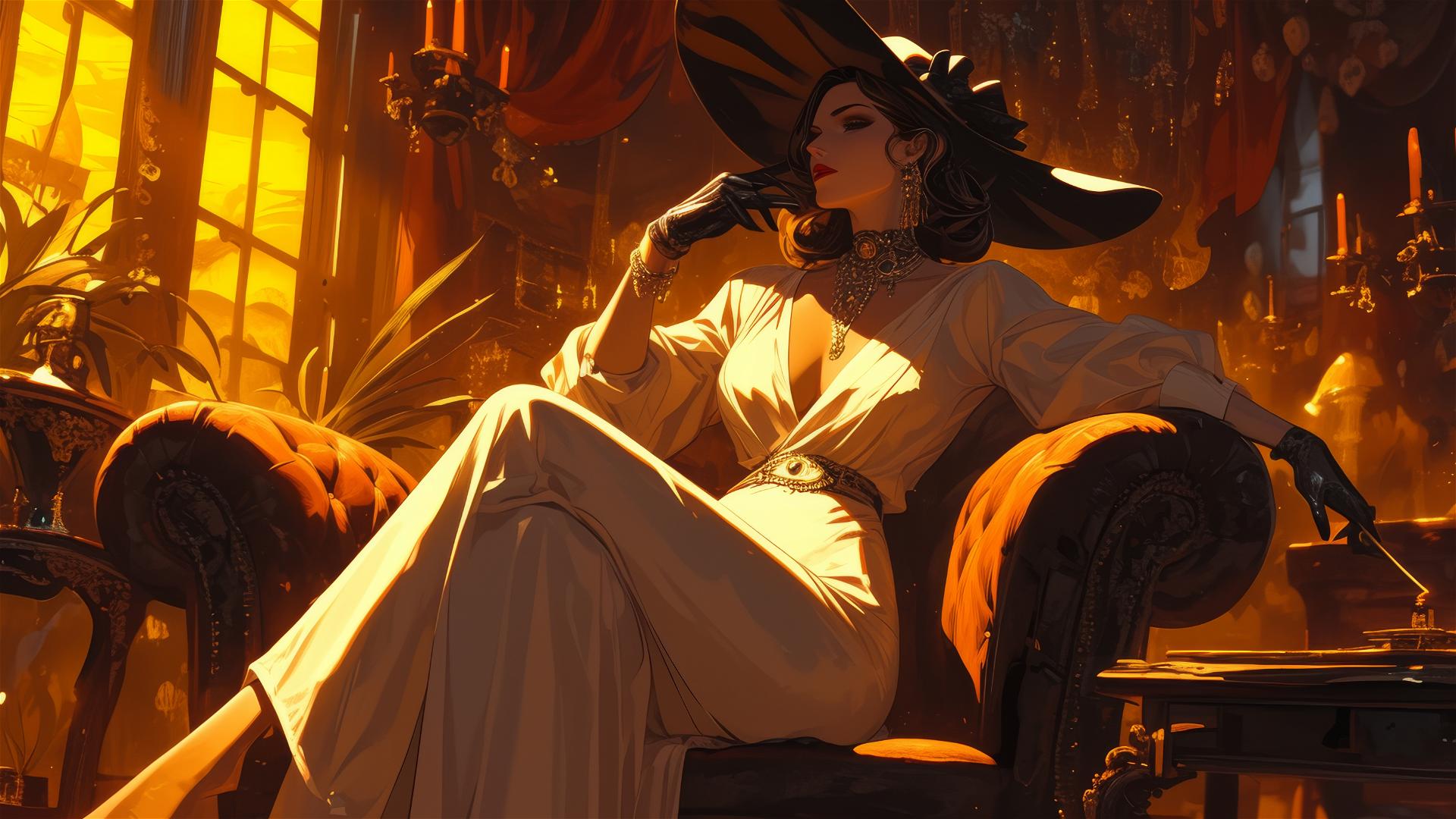 Elegant portrait of Lady Dimitrescu in a castle
