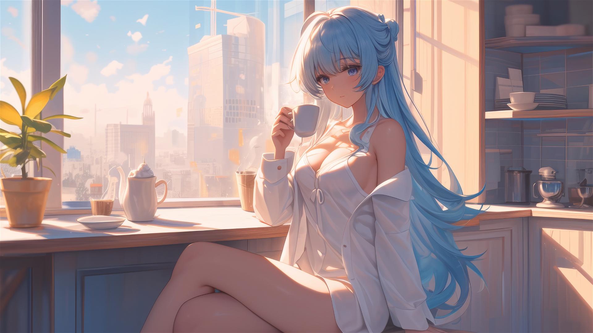 Esdeath in white silk pajamas with coffee at sunrise.