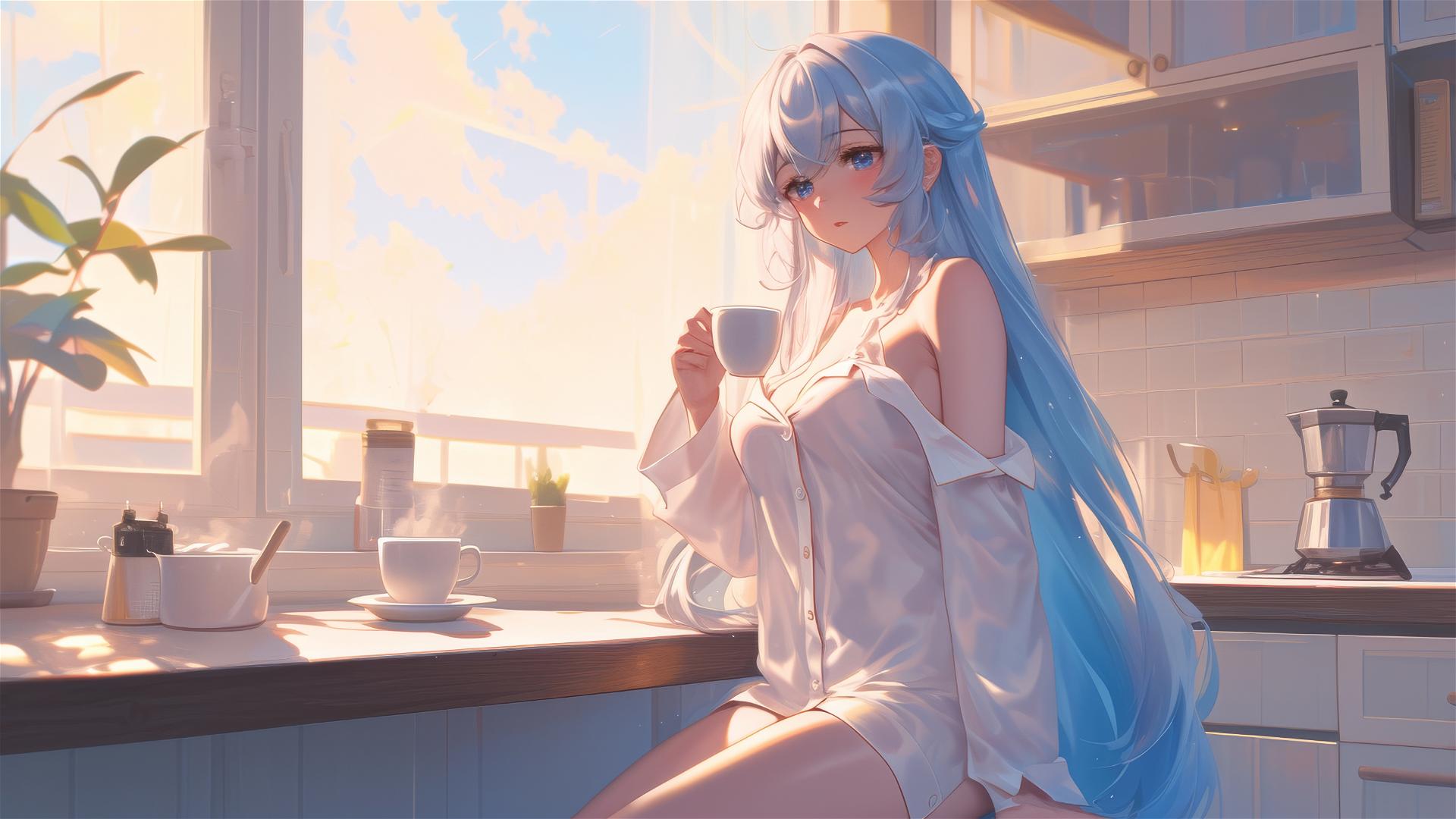 Esdeath in white silk pajamas with coffee at sunrise.