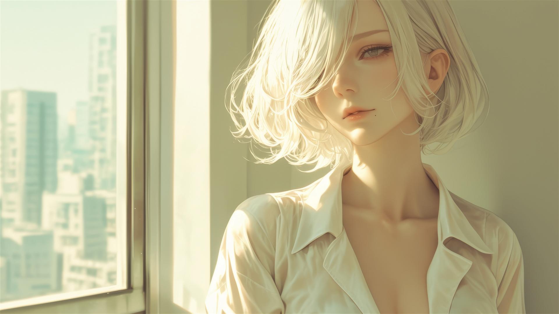 2B from Nier in white silk pajamas by a sunrise-lit window.