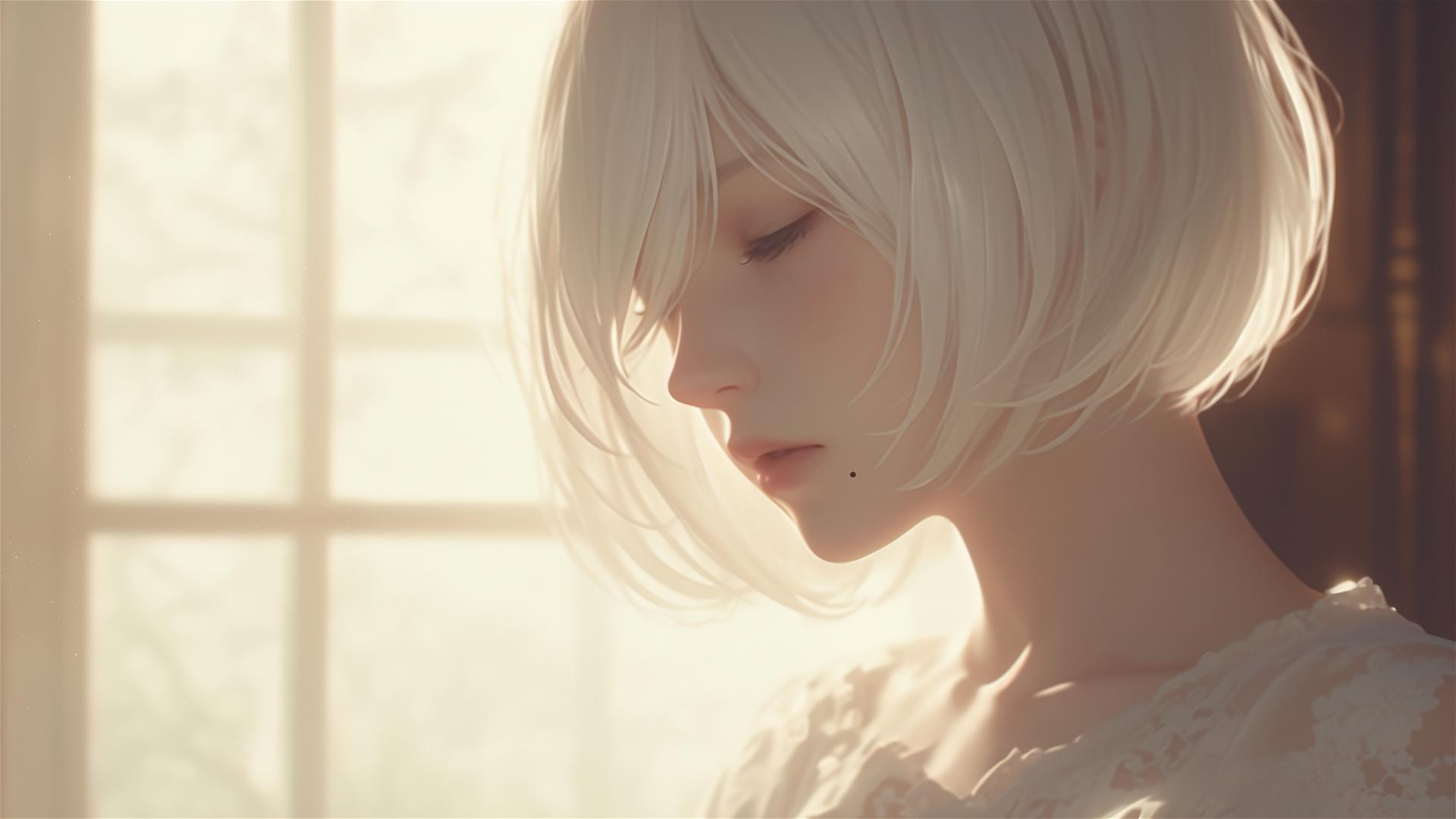 2B from Nier in white silk pajamas by a window at sunrise.