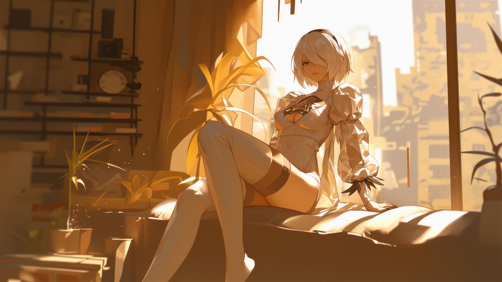 2B from Nier in white silk pajamas, resting at sunrise.