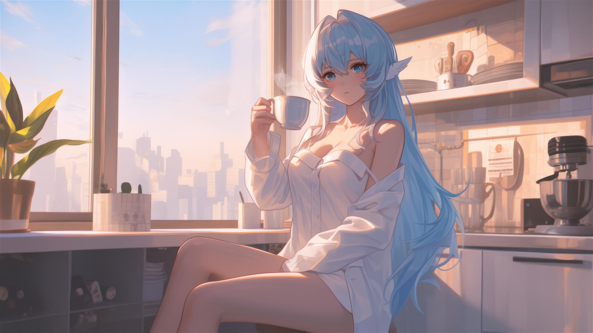 Esdeath in silk pajamas with coffee at sunrise.