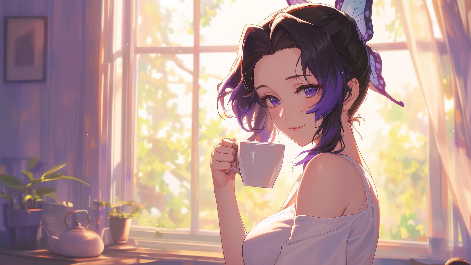 Shinobu Kocho in white T-shirt sipping coffee by window at sunrise.