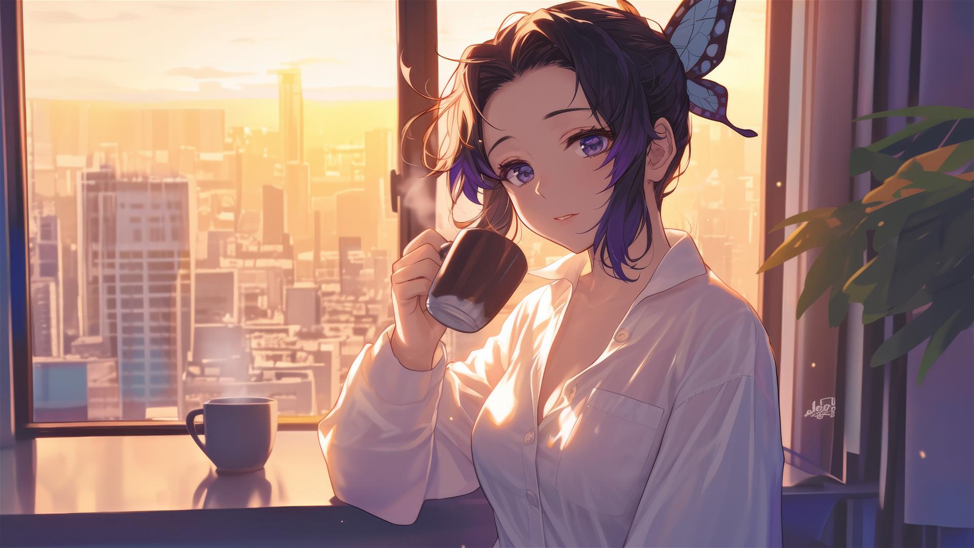 Shinobu Kocho from Demon Slayer sipping coffee at sunrise in a modern kitchen.