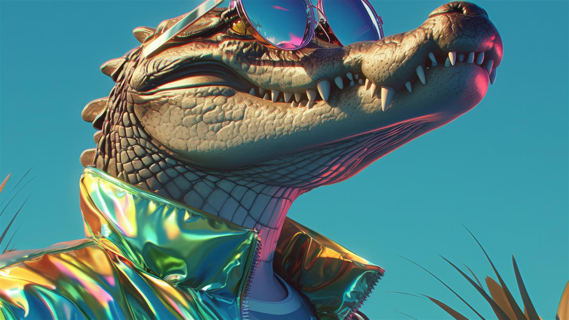 3D cartoon crocodile with human body in iridescent shirt, Y2K WitchPunk style.