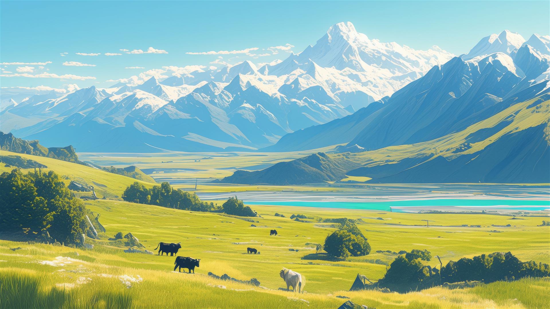 New Zealand landscape with snow-capped mountains, green pastures, and Jersey Cattle.