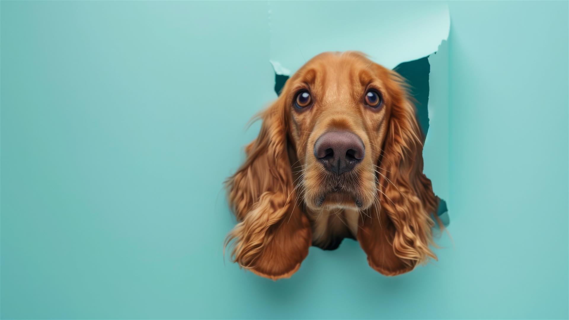 Irish Setter peeking through hole in sky blue paper