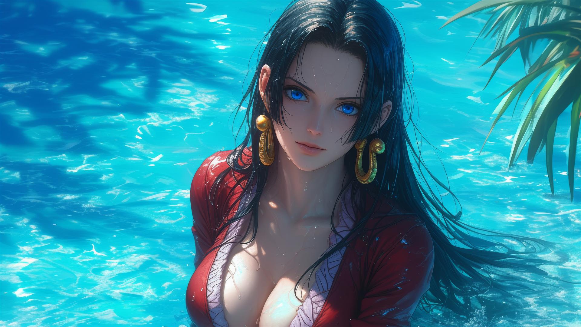 Boa Hancock from One Piece in a pool under moonlight