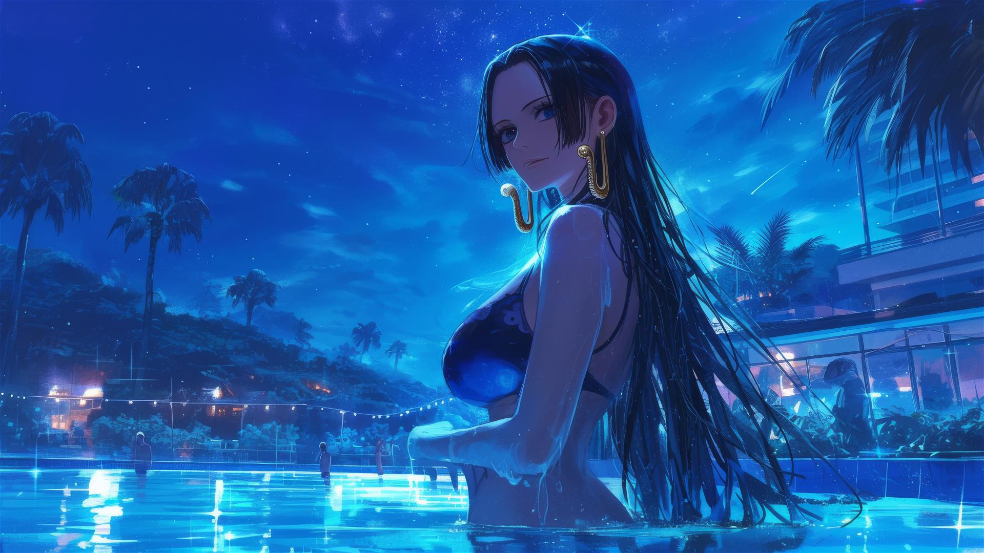 Boa Hancock from One Piece standing in pool under moonlight
