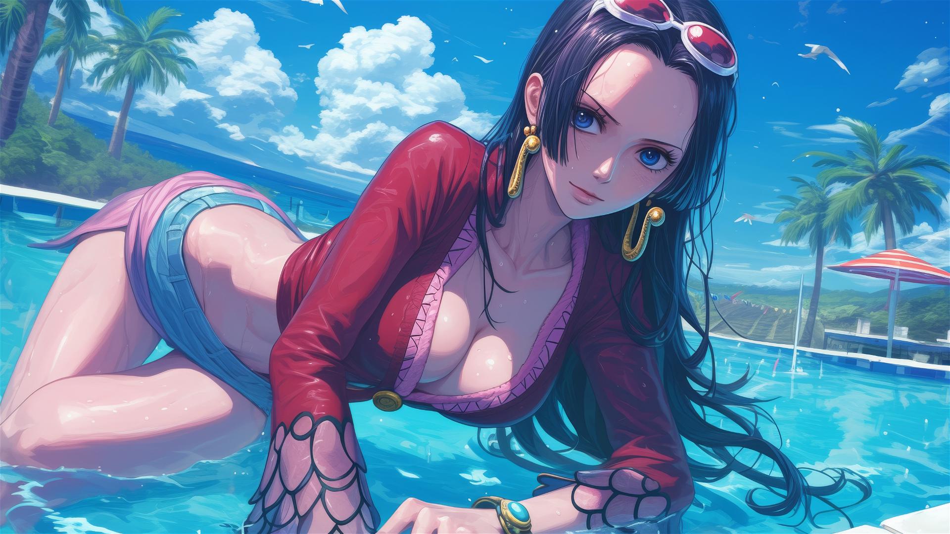 Boa Hancock from One Piece resting by pool under moonlight