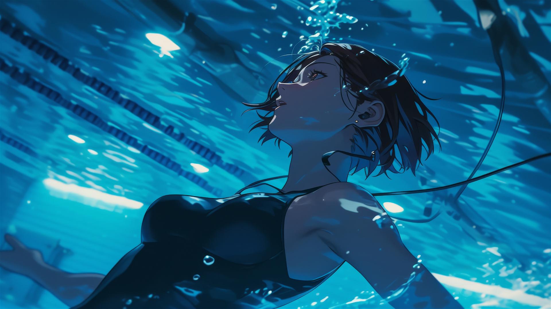 Nobara Kugisaki swimming in moonlit pool from Jujutsu Kaisen