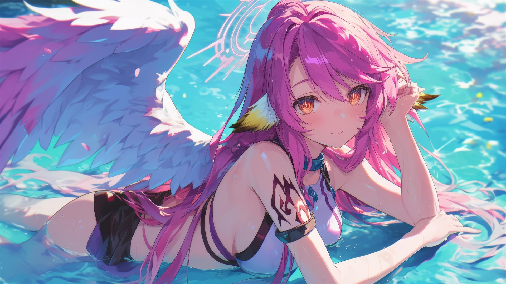 Jibril from No Game No Life swimming by moonlight
