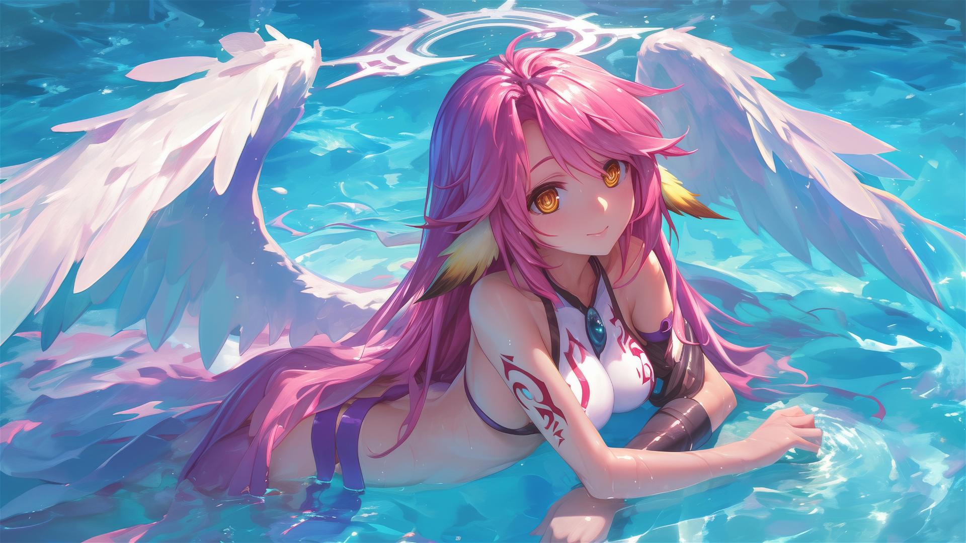 Jibril from No Game No Life swimming in moonlit pool