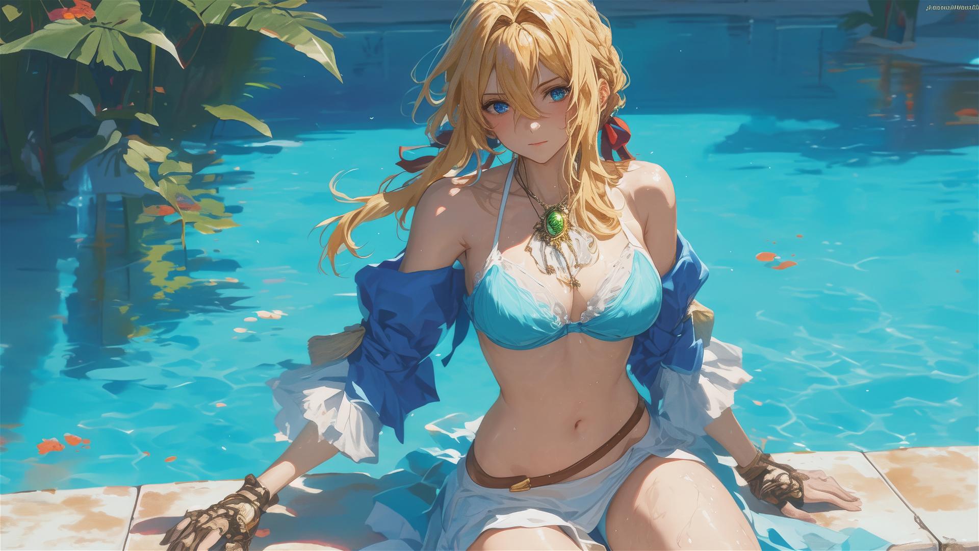 Violet Evergarden resting by pool under moonlight