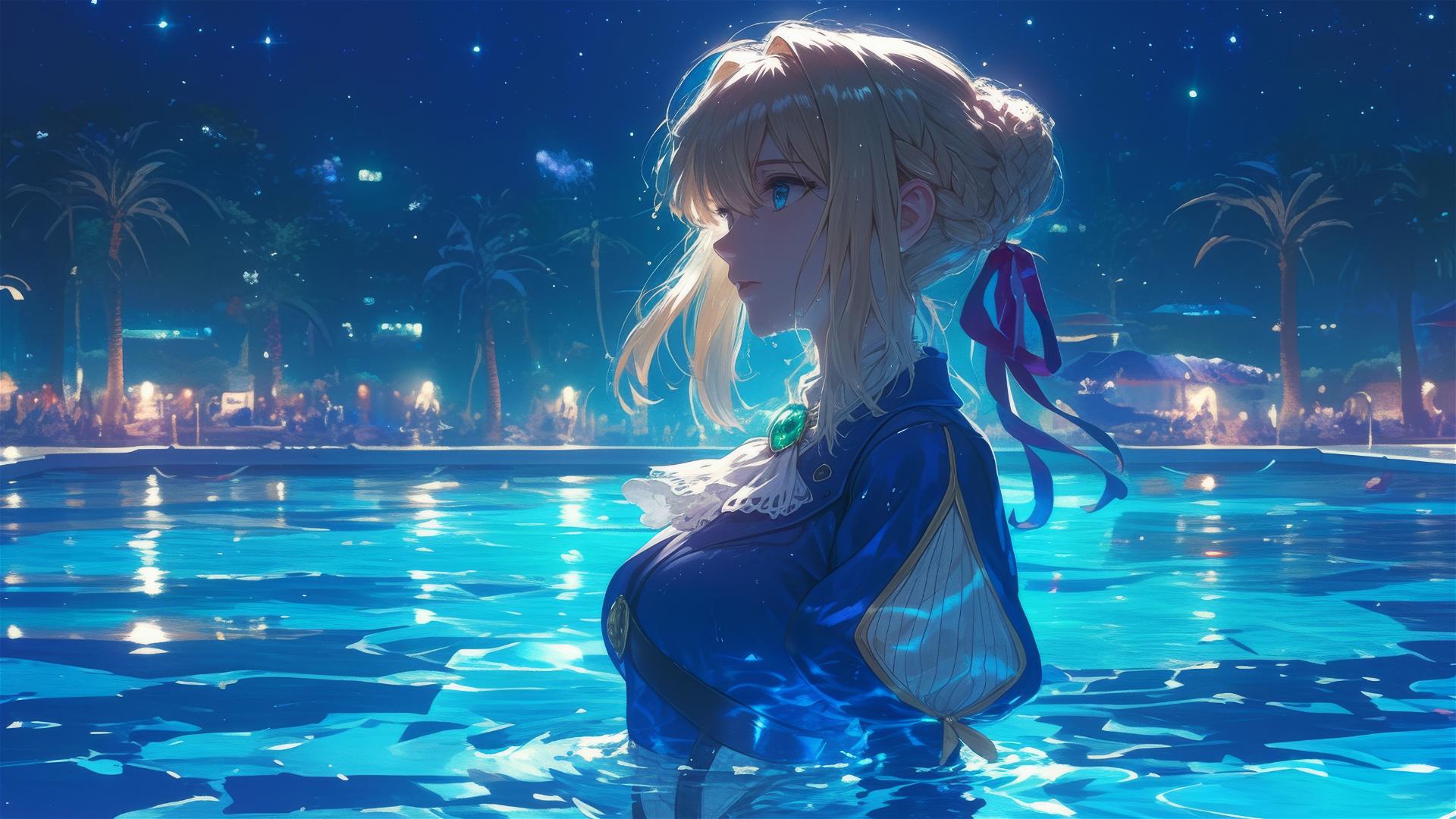 Violet Evergarden in pool under moonlight