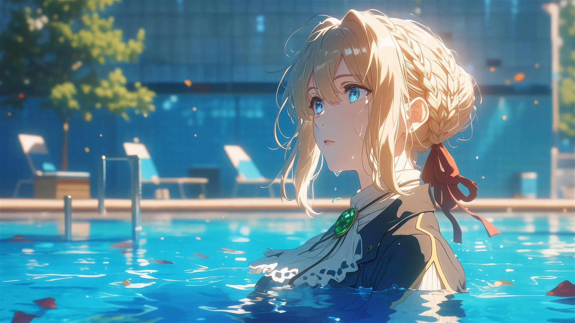 Violet Evergarden stands in a pool under moonlight.