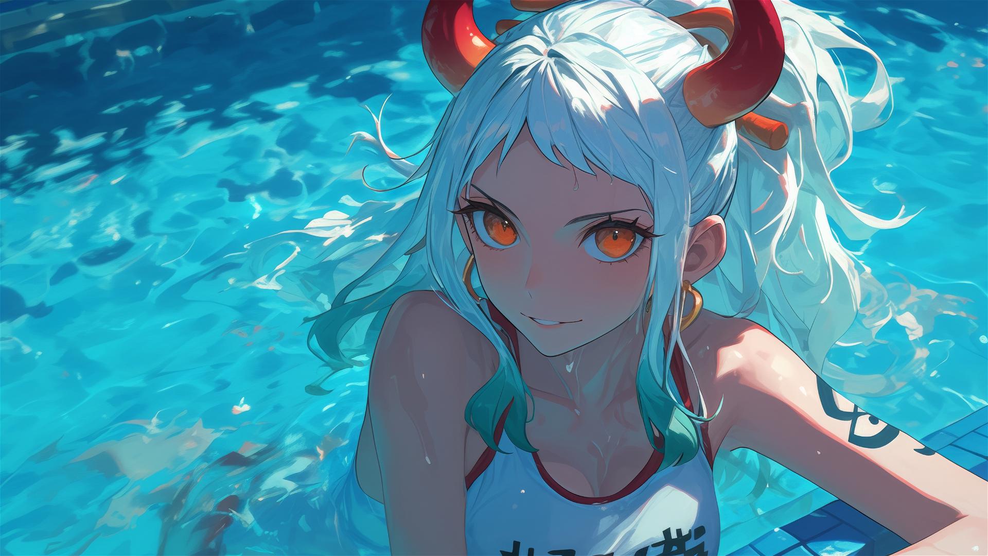 Yamato from One Piece swimming in moonlit pool with orange eyes